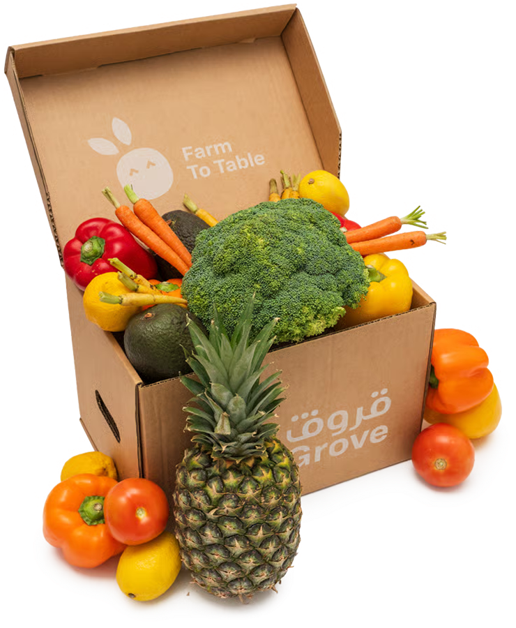 Grove fresh produce box delivered from farm to home with fruits and vegetables picked daily